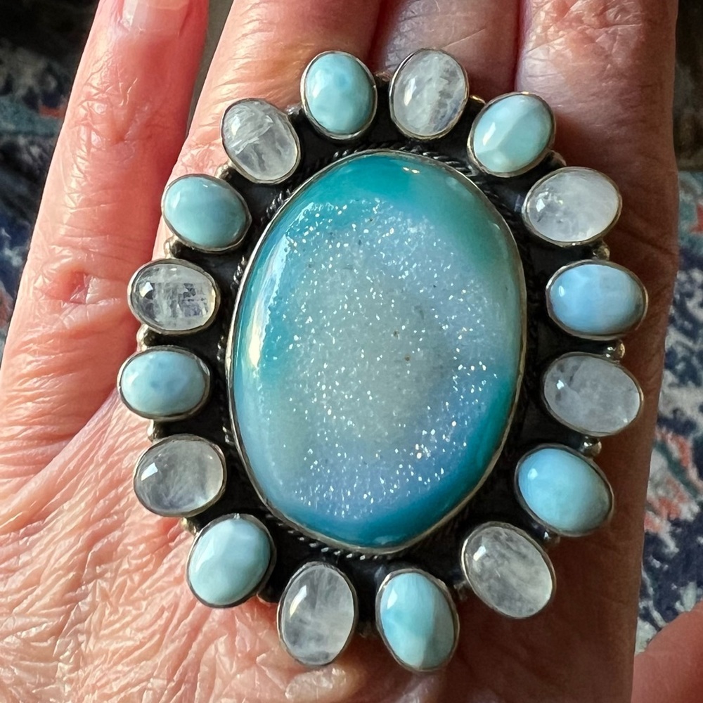 Krush Kandy blue druzy, Lamar, moonstone cluster ring.